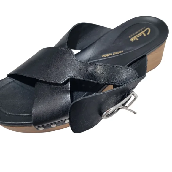 Clarks Sivanne Walk Wedge Sandal Black Leather Slip On Clog Slide Women’s 8.5 - Picture 13 of 17